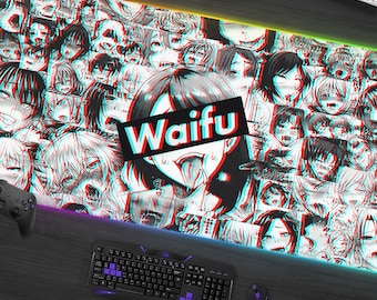 Waifu Deskmat ahegao, Anime mousepad estetica, Manga ragazze bianco nero anaglifo glitch glitchcore, XL XXL rgb led gaming desk mat mouse pad