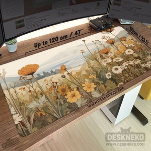 Cottagecore Desk Mat: Floral Mouse pad xl, extended Deskmat xxl, earthy beige brown painting, extra large mousepad, cutte office decor gift