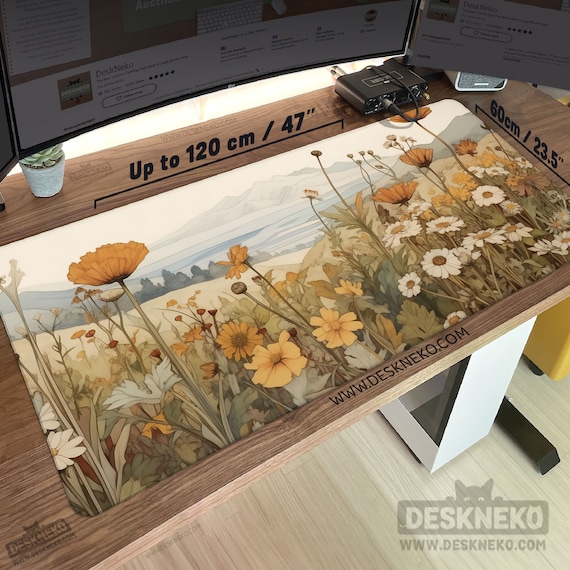 Cottagecore Desk Mat: Floral Mouse pad xl, extended Deskmat xxl, earthy beige brown painting, extra large mousepad, cutte office decor gift
