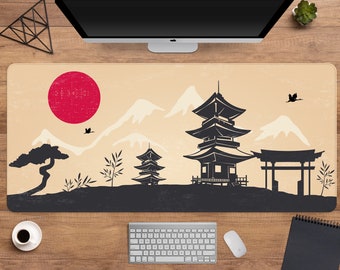 Tappetino da scrivania giapponese, tappetino per mouse giapponese XL, Monte Fuji e albero di ciliegio, arte minimalista di Tokyo e Kyoto, tappetino da scrivania con sole nascente, tappetino per mouse da gioco extra large