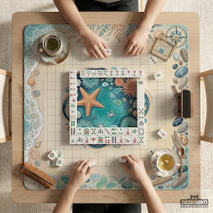 May include: A square wooden mahjong table with a beach-themed design, featuring a central ocean scene with a starfish. The game is in progress, with tiles and cups of tea visible. The table has the text "DESKNEKO" and "WWW.DESKNEKO.COM" on the bottom right.