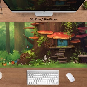 Fairy home desk mat cottagecore mousepad cute, Mushroom Forest green cabin treehouse fairycore, Witchy witch mousepad xl, xxl gaming deskmat