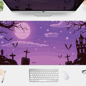 Lila Goth Desk Mat Wald Mousepad Witchy, Dark Bats Moonlight Gothic Ästhetik, Süße Hexe Kleine große xxl Gaming Schreibtischmatte Mauspads xl