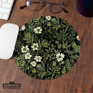 Dark Green Mouse Pad, Botanical Mousepad round, Ergonomic Keyboard Wrist Rest, Deskmat mouse mat small, Nature Desk Decor Accessory gift