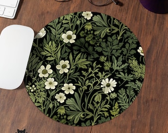 Dark Green Mouse Pad, Botanical Mousepad round, Ergonomic Keyboard Wrist Rest, Deskmat mouse mat small, Nature Desk Decor Accessory gift