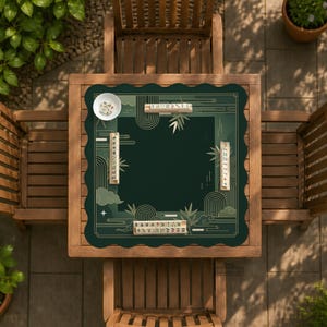 Pode incluir: Vista a&eacute;rea de uma mesa de madeira montada para um jogo. Um tapete verde escuro com detalhes dourados e uma borda ondulada est&aacute; centrado na mesa. O tapete apresenta desenhos de bambu e nuvens. Pe&ccedil;as de jogo e uma pequena tigela branca est&atilde;o sobre a mesa.