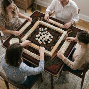 May include: A group of four people playing Mahjong around a brown table. The table has a decorative surface with a tiger and leaf pattern. The game pieces are beige with black markings.