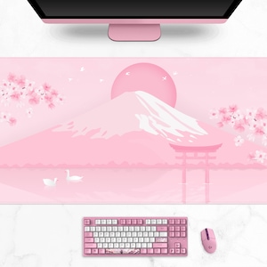 Cherry Blossom desk mat, Japanese mt Fuji landscape Aesthetics mouse pad, minimal kawaii pastel pink Sakura tree, Gaming mousepad 6 sizes Pink 2