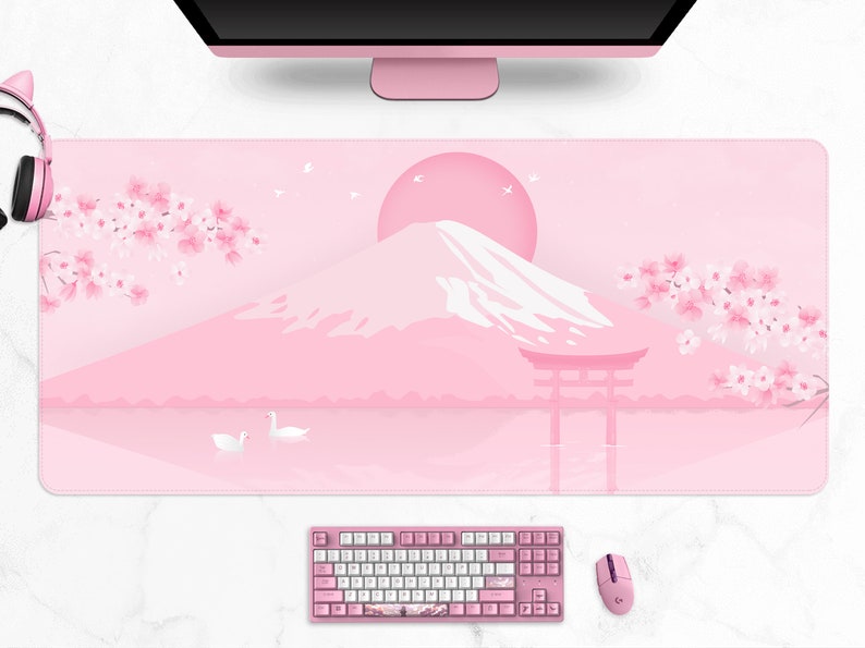 Cherry Blossom desk mat, Japanese mt Fuji landscape Aesthetics mouse pad, minimal kawaii pastel pink Sakura tree, Gaming mousepad 6 sizes Pink 2