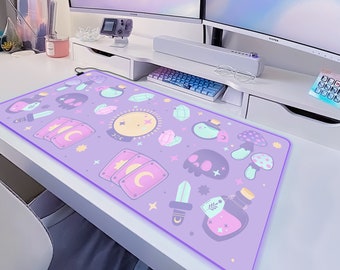 Pastel Goth Desk Mat Kawaii Mousepad, pastel purple lilac violet pink witchy wicca pattern, big led/rgb gaming deskmat xxl, small mousepad