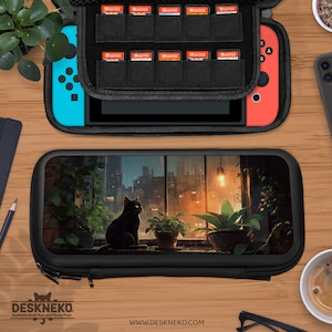 Étui chat mignon pour Nintendo Switch, porte-cartes de jeu, housse de station d'accueil pour accessoires Switchs, cottagecore confortable Lofi Lo fi, pochette de transport noire lite/oled