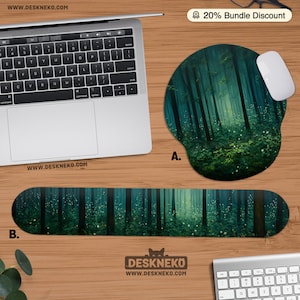 Green Forest Mouse Pad with Wrist Rest, Dark Botanical Mousepad, Keyboard Hand Support, Beautiful Trees Deskmat, Nature Desk Decor Accessory
