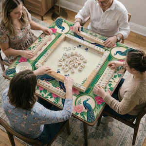 May include: A square mahjong table featuring a green and cream surface with peacock and floral illustrations. The table includes four racks holding ivory-colored tiles with black and red symbols, and a central area with a cluster of face-down tiles.