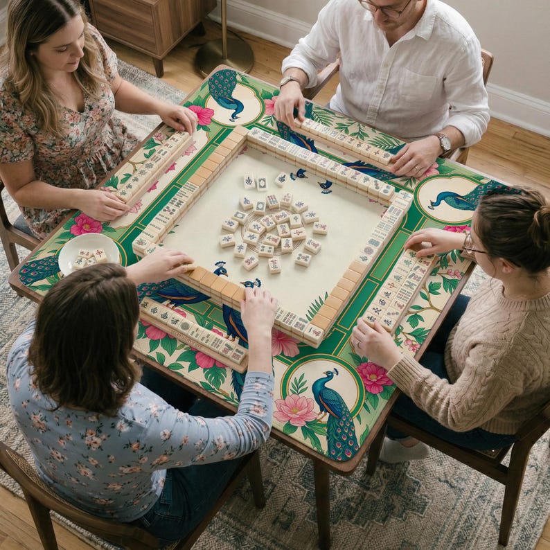 May include: A square mahjong table featuring a green and cream surface with peacock and floral illustrations. The table includes four racks holding ivory-colored tiles with black and red symbols, and a central area with a cluster of face-down tiles.
