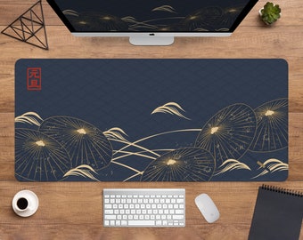 Japanese Desk Mat large Mousepad, blue gold waves grey black stamp, minimal japan oriental art asian , xxl gaming deskmat mouse pad