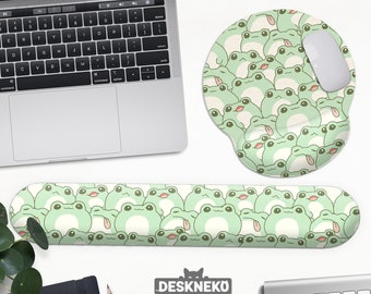 Cute Frogs Mousepad Desk Mat, Ergonomic Mouse Pad with wrist rest, Mint Green deskmat aesthetic, keyboard arm support, Kawaii Anime Animals