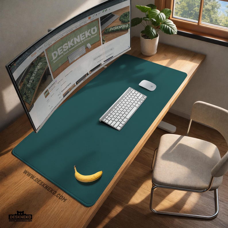 Op de afbeelding: Een teal bureaumat met een wit toetsenbord, muis en een gebogen monitor. Een rijpe banaan ligt op de mat. Het bureau is van hout. Het websiteadres www.deskneko.com staat op de mat.