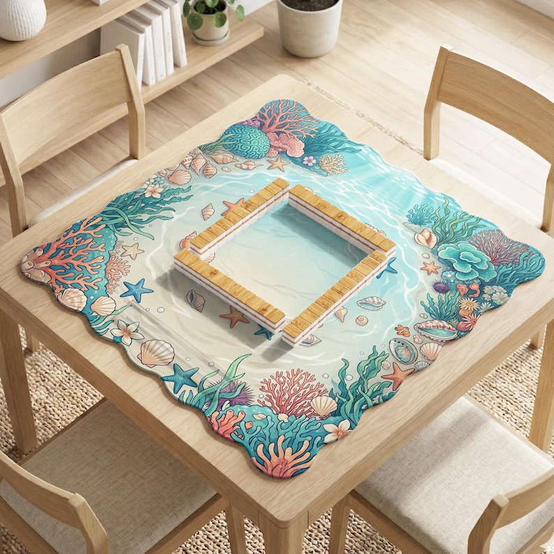 May include: A square table setting featuring a marine-themed design. The placemat showcases coral, seashells, and starfish in shades of blue, pink, and green. A wooden frame sits in the center, creating a visual focal point.