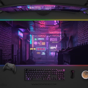 RGB Desk Mat large, Gaming Deskmat, Anime Mousepad, Japanese vaporwave cyberpunk, Neon Tokyo alley, XXL Extended keyboard mouse pad playmat
