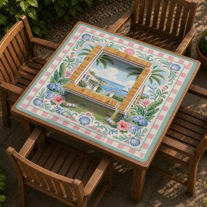 May include: A square wooden table with a decorative top featuring a coastal scene. The table's surface has a border of pink and white squares, with floral and seashell motifs. The table is surrounded by four wooden chairs.