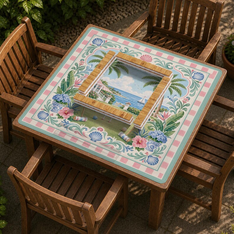 May include: A square wooden table with a decorative top featuring a coastal scene. The table's surface has a border of pink and white squares, with floral and seashell motifs. The table is surrounded by four wooden chairs.