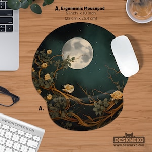 Ergonomic Mouse Pad: Keyboard Wrist Rest, Green Witch Night Full Moon, Cottagecore Desk Mat, Mouse Mat Support, Dark Academia Desk Accessory