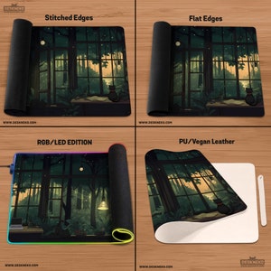 May include: Mouse pads with various edge styles and materials. The pads feature a detailed illustration of a room with a large window overlooking a forest at night, a black cat, and the text "DESKNEKO" and "WWW.DESKNEKO.COM".