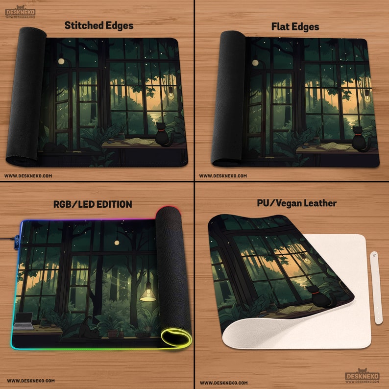 May include: Mouse pads with various edge styles and materials. The pads feature a detailed illustration of a room with a large window overlooking a forest at night, a black cat, and the text "DESKNEKO" and "WWW.DESKNEKO.COM".
