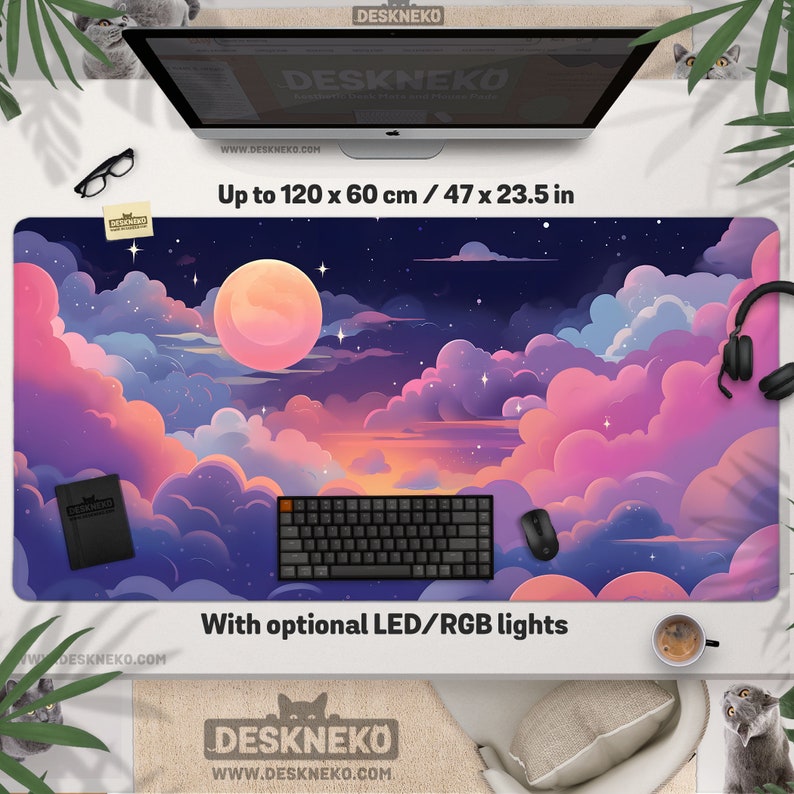 May include: A large rectangular desk mat with a dreamy night sky design, featuring a full moon, clouds, and stars. The mat measures up to 47 x 23.5 inches and includes a keyboard, mouse, and optional LED/RGB lights.