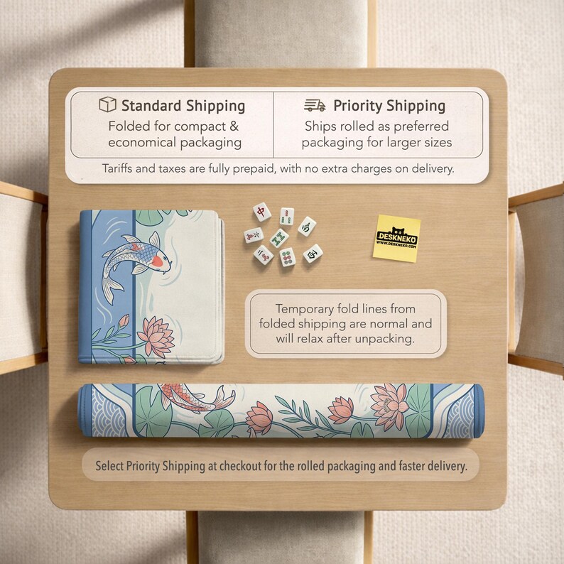 May include: A desk mat featuring a koi carp and lotus flower design, rolled and folded. The mat is blue, white, and pink. Mahjong tiles and a DESKNEKO sticker are also visible. The image includes text about shipping options.