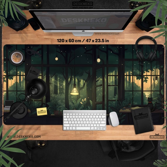 Cozy Mousepad Lofi, Plants Desk Mat, Aesthetic Mouse Pad xxl, Cottagecore keyboard wrist rest, Cute extended table matt, Dark academia green