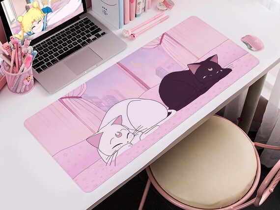 Cute Kawaii White Cat Anime Green Plant Leaves Desk Mat Large Mouse Pad  Gaming Desk Pad, XL Extended Mousepad Desk Accessories for Women Office  Decor