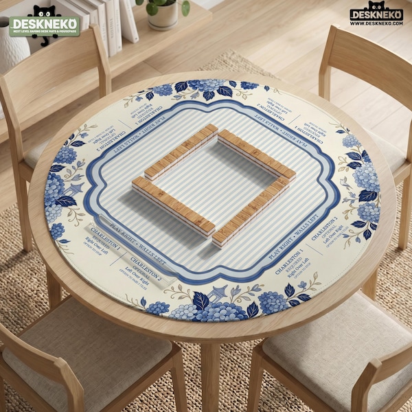 Blue Floral Mahjong Mat With Rules, Round Mahjong Table Cover, Charleston Guide, Neoprene Play Mat Rug, Game Night