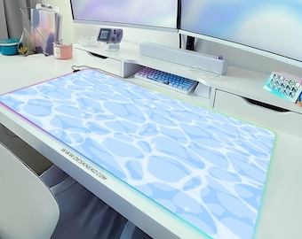 Kawaii blue Desk Mat anime ocean, Aesthetic Mousepad cute, Kawai white turquoise water waves, xxl large rgb led gaming deskmat xl mouse pad