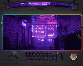 Alfombrilla de escritorio para juegos LED, alfombrilla de ratón grande Anime XL, alfombrilla de ratón japonesa RGB, neón morado Tokio Vaporwave, alfombrilla de escritorio/juegos Cyberpunk XXL extendida