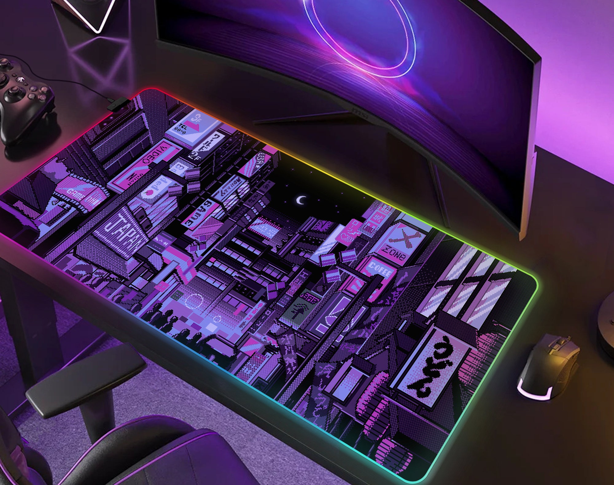 Neon Tokyo desk mat RGB, LED gaming mousepad, Extra wide large gamers keyboard deskmat