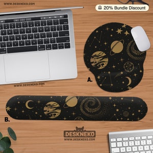 Space Ergonomic Mouse Pad: Keyboard Wrist Rest, Cute tarot galaxy Black Gold Astrology Astronomy Mousepad, Minimalistic Desk Accessory