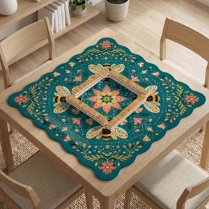 May include: A square table mat with a scalloped edge featuring a teal background, a central floral mandala, and four bees positioned around the center. A square wooden frame rests on top of the mat, which is decorated with botanical patterns.