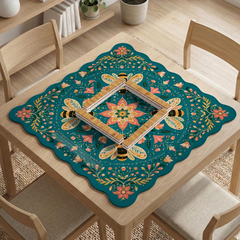 May include: A square table mat with a scalloped edge featuring a teal background, a central floral mandala, and four bees positioned around the center. A square wooden frame rests on top of the mat, which is decorated with botanical patterns.
