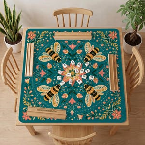 Bee Mahjong Mat, Round Table Game Mat, Coral Floral American Tile Play Surface, Hostess Gift for Mahjong Night Decor image 2