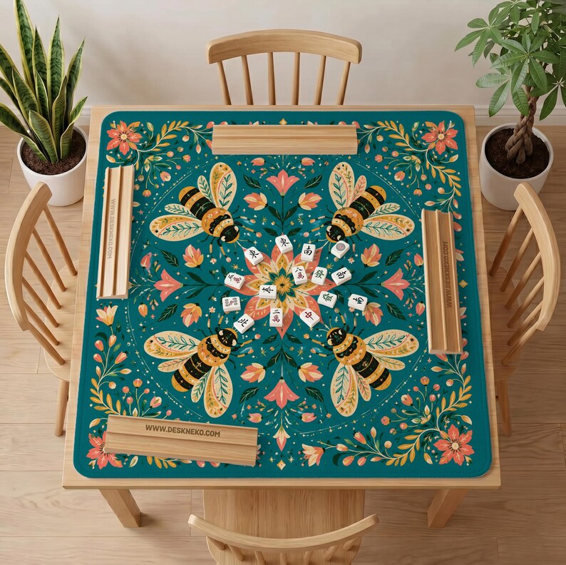 Bee Mahjong Mat, Round Table Game Mat, Coral Floral American Tile Play Surface, Hostess Gift for Mahjong Night Decor image 2