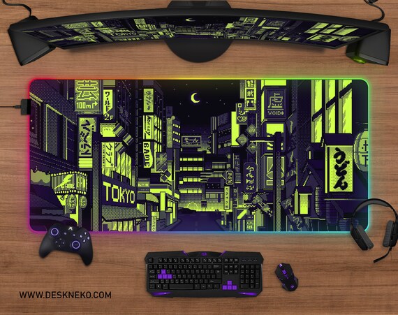 Cyberpunk Gaming Desk Mat RGB Vaporwave City Mousepad Xxl, Neon