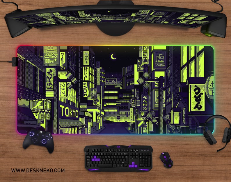 Cyberpunk Gaming Desk Mat RGB Vaporwave City Mousepad Xxl Etsy