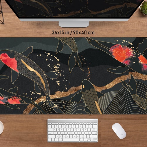 Japanese Desk Mat Black & Gold Mousepad Koi Fish Sun Cloud Etsy