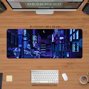 Gaming-skrivbordsmatta blå, stor musmatta rgb, Vaporwave Tokyo city street anime handledsstöd, bred XXL LED-skrivbordsmatta japansk musmatta för spelare 31" x 12" (80x30cm) inches