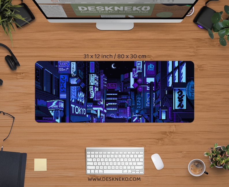 Gaming-skrivbordsmatta blå, stor musmatta rgb, Vaporwave Tokyo city street anime handledsstöd, bred XXL LED-skrivbordsmatta japansk musmatta för spelare 31" x 12" (80x30cm) inches
