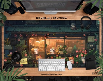 Cats Desk Mat Lofi, Aesthetic Mousepad large, Cute Anime cottagecore plants, keyboard matt, Led mouse pad XL, Kawaii gaming deskmat xxl gift