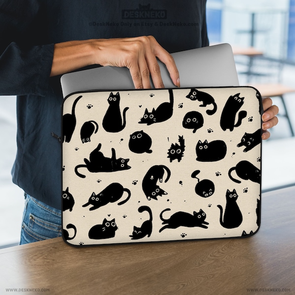 Cute Cats Laptop Sleeve, Computer bag for kids/women, Kawaii Japanese beige and black anime ipad/macbook pro 10 11 12 13 14 15 16 17 inch