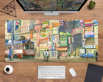 Anime-Schreibtischunterlage, japanisches Mauspad XL, niedliche koreanische Lo-Fi-Zeichnung, Anime-Ästhetik-Mauspad mit Tokio-Motiv, XL-Gaming-Schreibtischunterlage