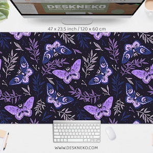 Tapete de mesa borboleta roxo, mousepad Cottagecore preto violeta, linda traça floral boho lavanda, grande xxl Gaming Deskmat rgb, mouse pad largo